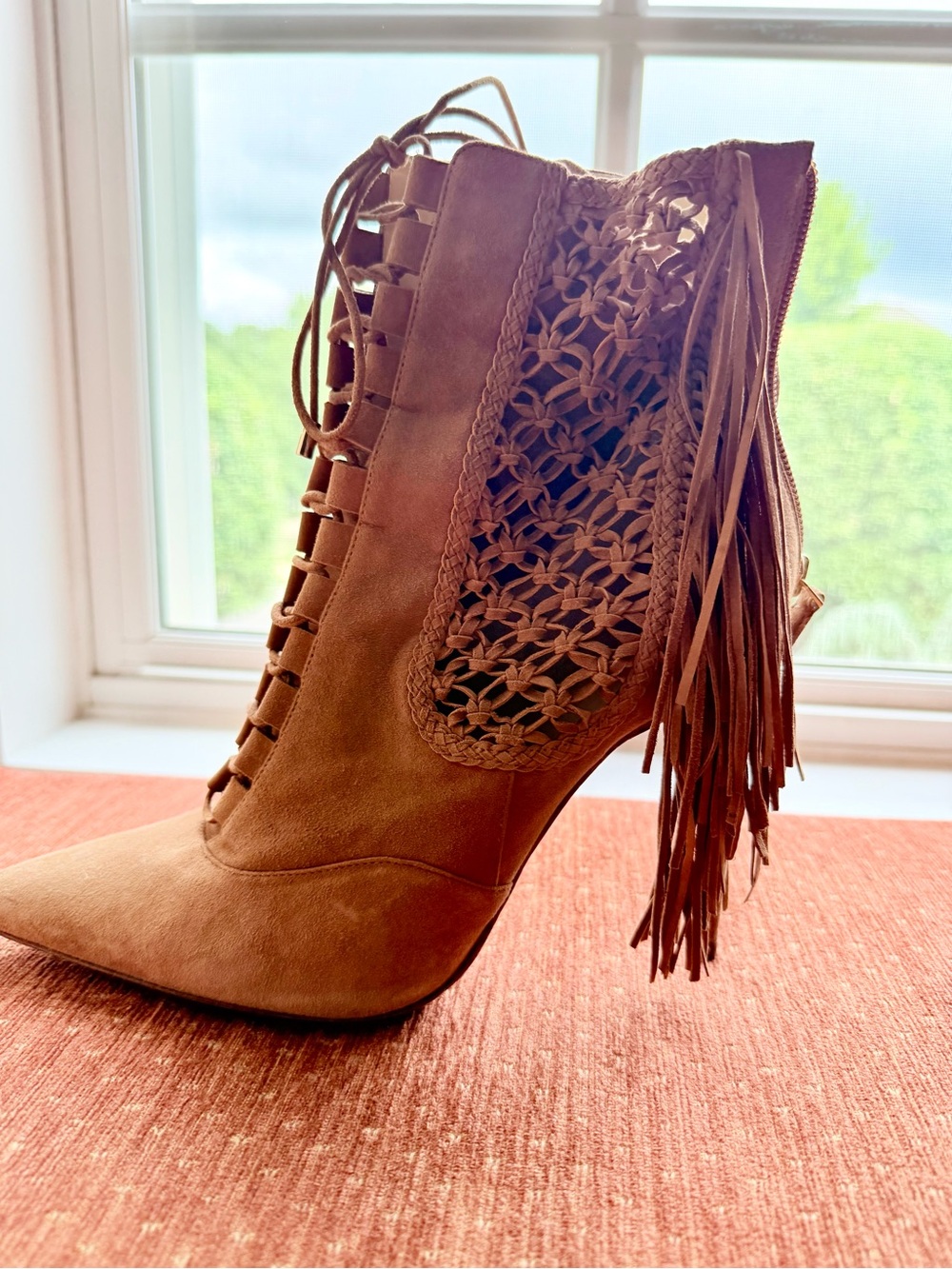 Fringe Lace-Up Pointed Toe Ankle Boots - Brown